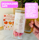 “Autumn” Dishwasher Safe 15oz Square Glass Set With Lid and Straw