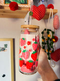 PINK AND RED STRAWBERRIES 20oz GLASS CUP (LID/STRAW SOLD SEPARATELY)