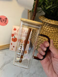 “Autumn” Dishwasher Safe 15oz Square Glass Set With Lid and Straw