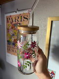 SPRING LEAVES AND FLOWERS 20oz GLASS CUP GLASS (LID/STRAW SOLD SEPARATELY)