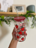 STRAWBERRIES 20oz Glass SET🍓WITH NEW* RED LID and Clear STRAW