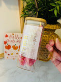 “Autumn” Dishwasher Safe 15oz Square Glass Set With Lid and Straw