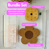 “STAND STILL” Dishwasher Safe 15oz Square Glass BUNDLE Set with Flower Coaster