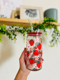 STRAWBERRIES 20oz Glass SET🍓WITH NEW* RED LID and Clear STRAW