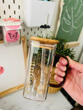 “Autumn” Dishwasher Safe 15oz Square Glass Set With Lid and Straw