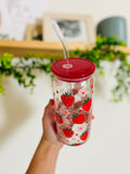 STRAWBERRIES 20oz Glass SET🍓WITH NEW* RED LID and Clear STRAW