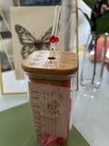 “MANIFEST IT” Dishwasher Safe 15oz Square Glass Set With Flower Coaster
