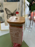 “STAND STILL” Dishwasher Safe 15oz Square Glass BUNDLE Set with Flower Coaster