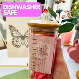 “MANIFEST IT” Dishwasher Safe 15oz Square Glass Set With Flower Coaster